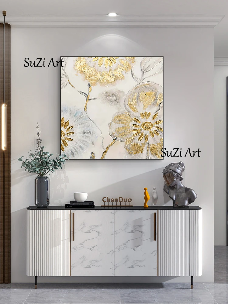 

Hand-painted Abstract Oil Painting On Canvas Texture Golden Foil Flowers Sofa Wall Art Home Decro Handwork Mural Frameless