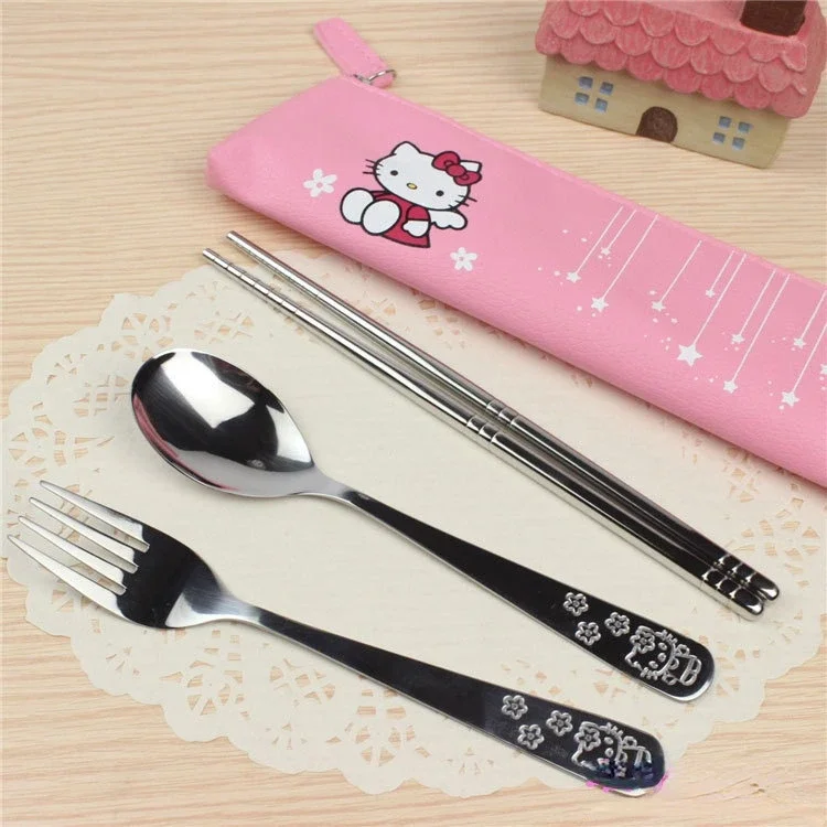 

Kawaii Anime Cartoon Tableware Hello Kittys Peripheral Products Cute Children's Baby Meal Metal Spoon Fork Chopsticks Gift