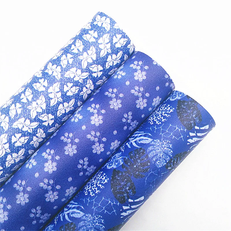 Denim Look Synthetic Leather Sheets Flowers Printed Synthetic Faux