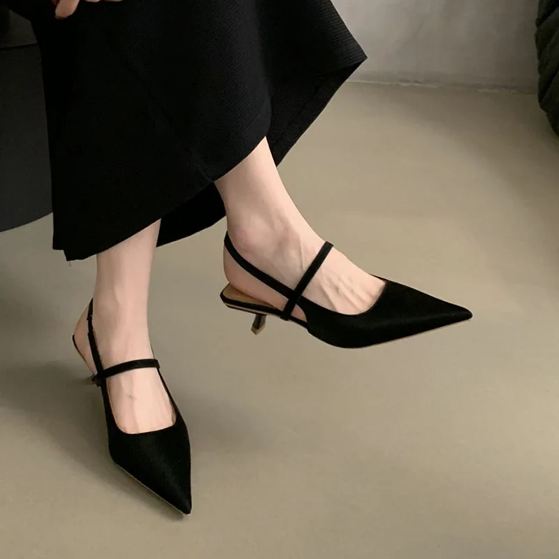 Women White Sandal Fashion Pointed Toe Shallow Slip On Slingback Shoes Thin Med Heel Outdoor Dress Muler