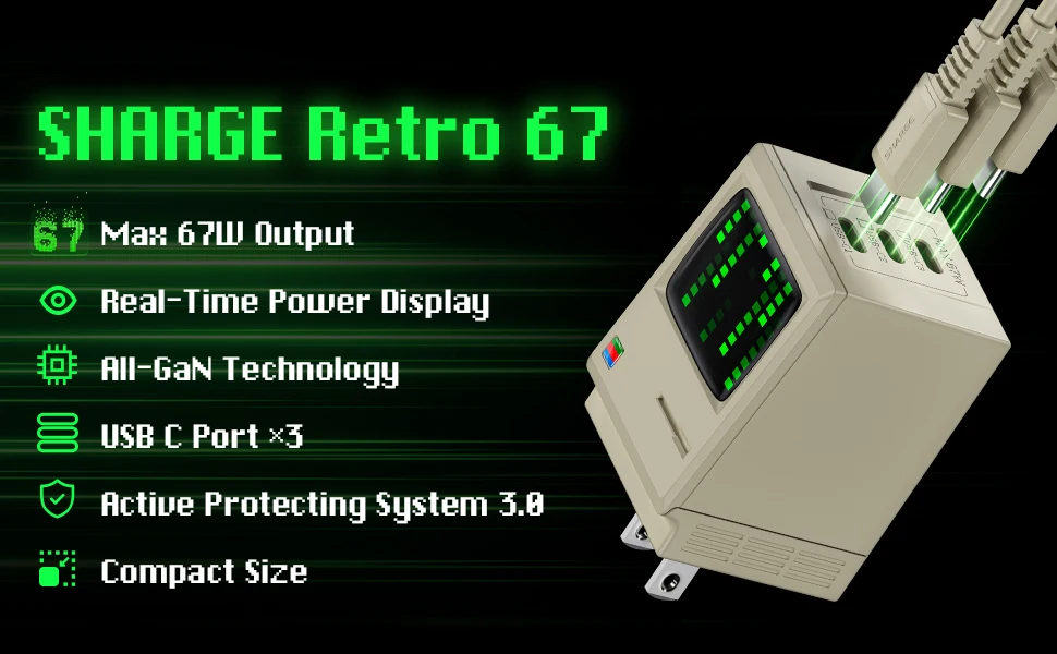 Shargeek Retro 67 GaN Charger With Power Display description image