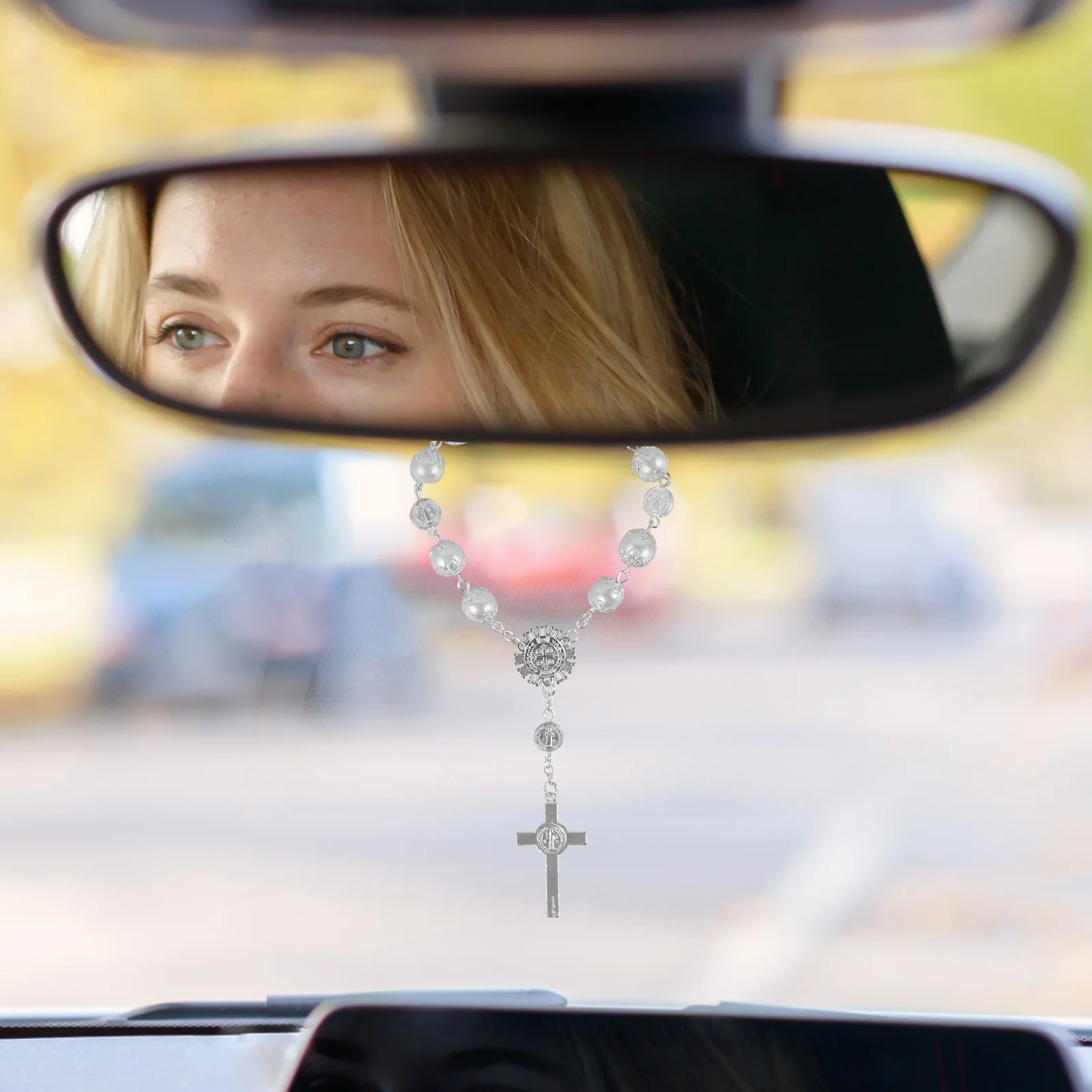 자동차 백미러 서스펜션 참 장식 행잉 액세서리, 크로스 체인 팔찌 액세서리, 합금 묵주 인테리어