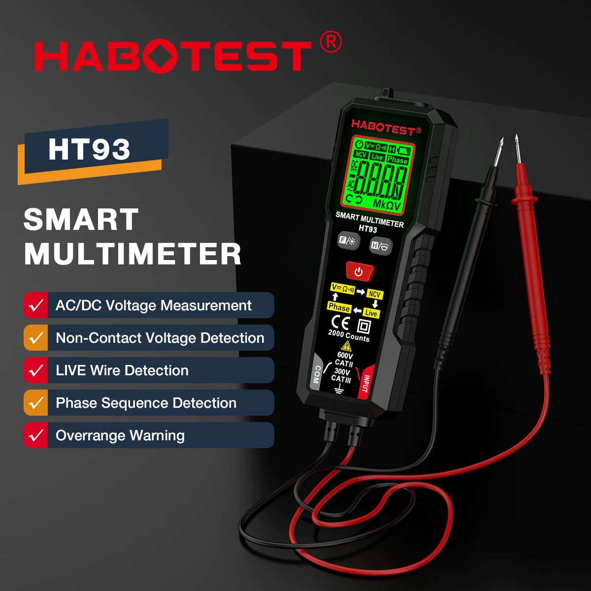 

Портативный цифровой мультиметр HABOTEST HT93, автоматический выбор диапазона 600 В, измерение напряжения переменного/постоянного тока, Бесконтактный индикатор напряжения, интеллектуальный мультитестер