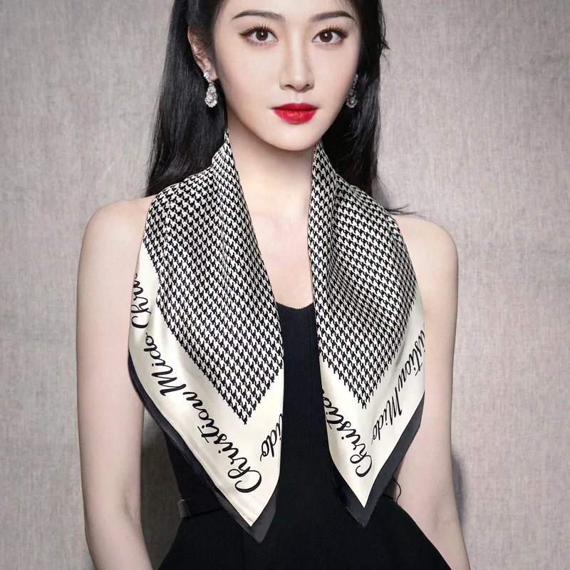 Luxury Brand Silk Square Scarf Women Satin Bandana Plaid