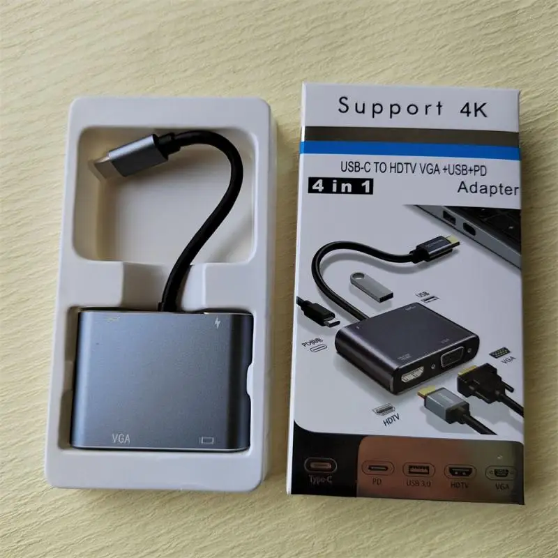 USB C 허브-4K VGA USB C 3.0 HDMI 호환 어댑터, 맥북 휴대폰 노트북 TV PC 케이블 어댑터, 4 in 1