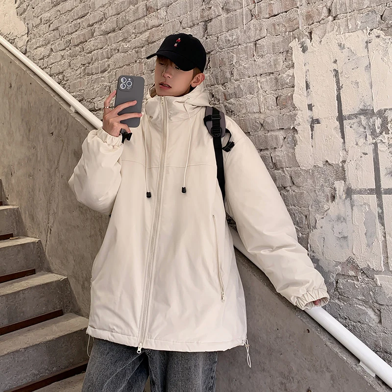 

Winter Korean Minimalist Coats Men Thickened Warm Hooded Cotton Parkas Trendy Drawstring Solid Zipper Outdoor Hoody Parka Male