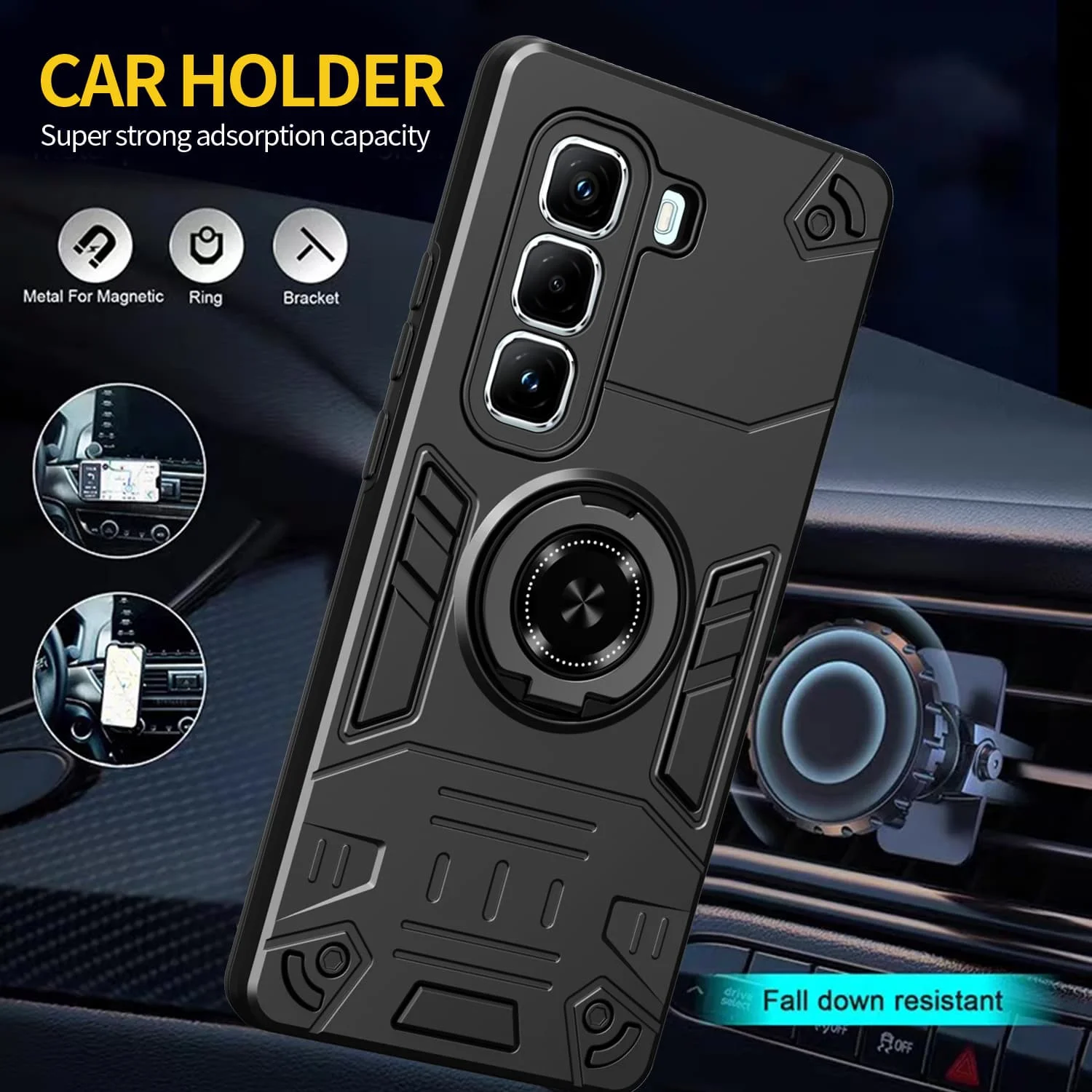 Armor Metal Ring Stand Case Cover with Enhanced Protection and Versatile Stand Functionality