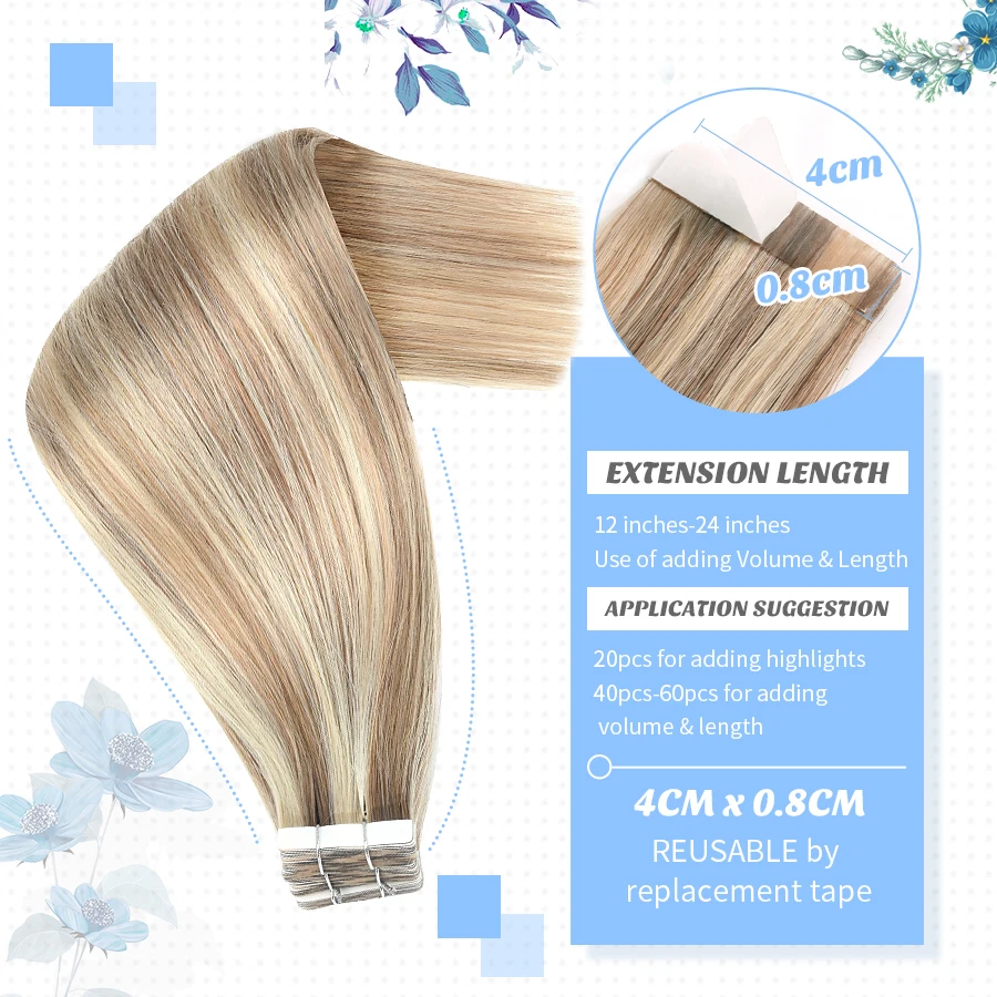 K.S WIGS Mini Tape In Hair Extensions Human Hair Seamless Skin Weft Invisible Natural Non-Remy Human Adhesive Extension