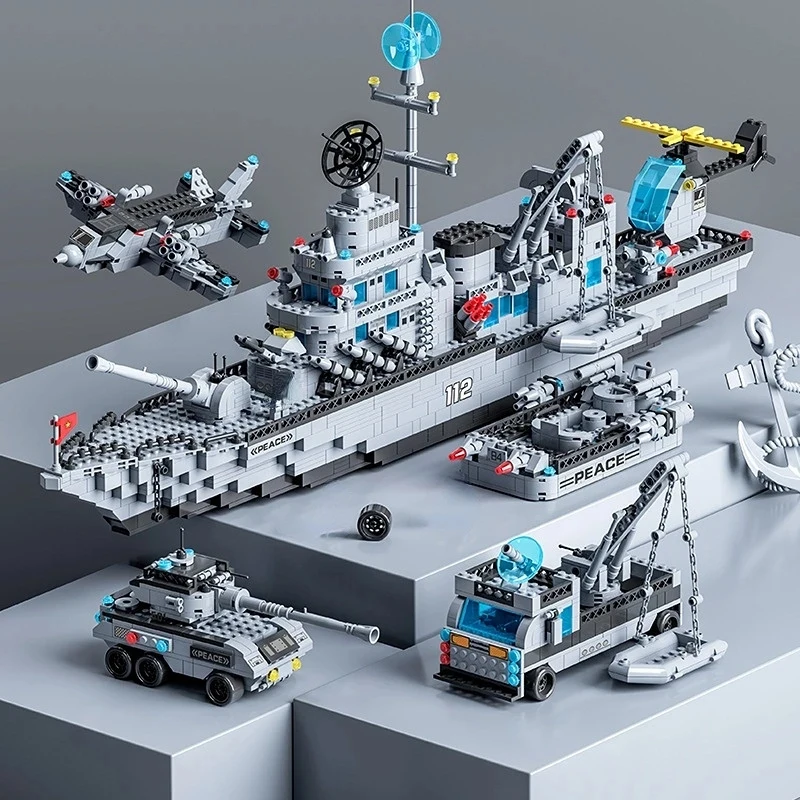 1560pcs 6 IN 1 Military Navy Ship Sets Building Blocks War Army Boat Plane Model