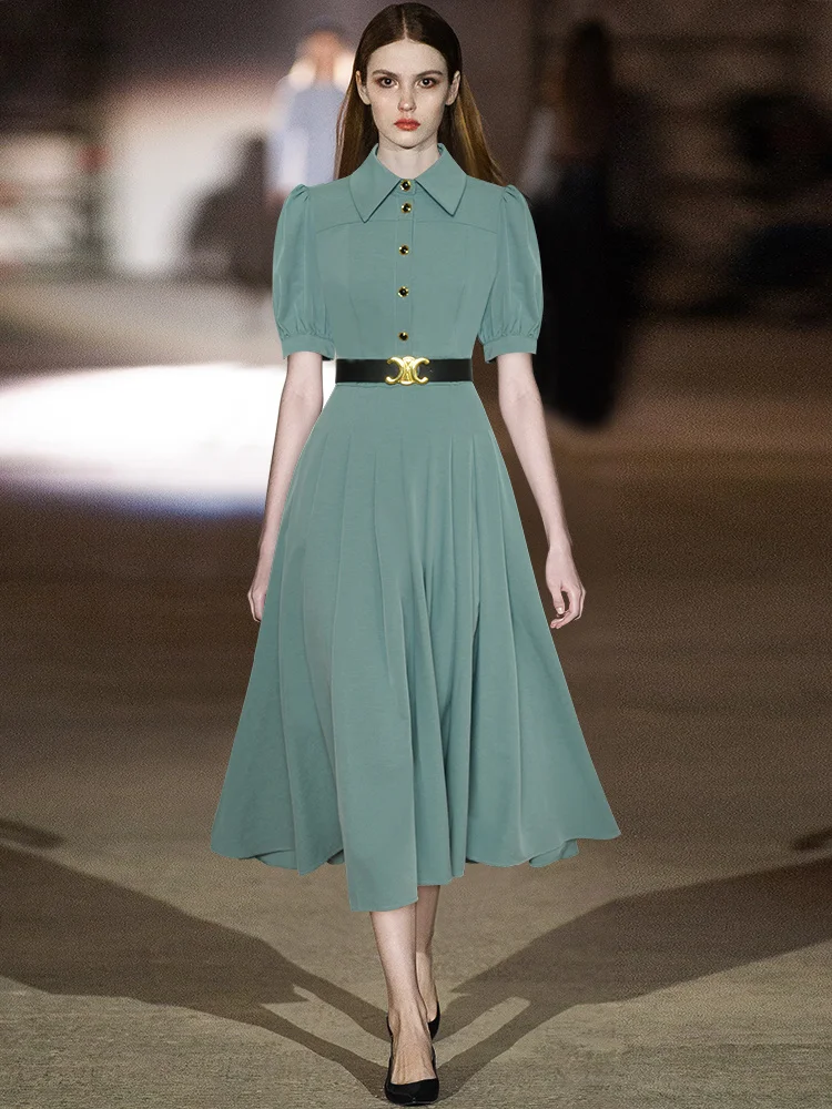

2023 Summer Fashion Designer Women's Midi Dresses Vintage Solid Turn-down Collar Short Sleeve Button Sashes Pleated Vestidos