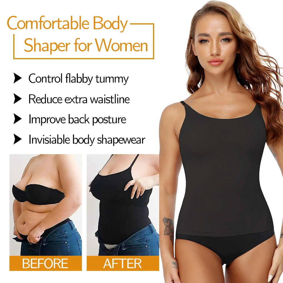 Seamless Camis Top Women Shapewear Tummy Control Smooth Body Shaper  Camisole Summer Black Tank Top Slim Belly Compression Vest Black