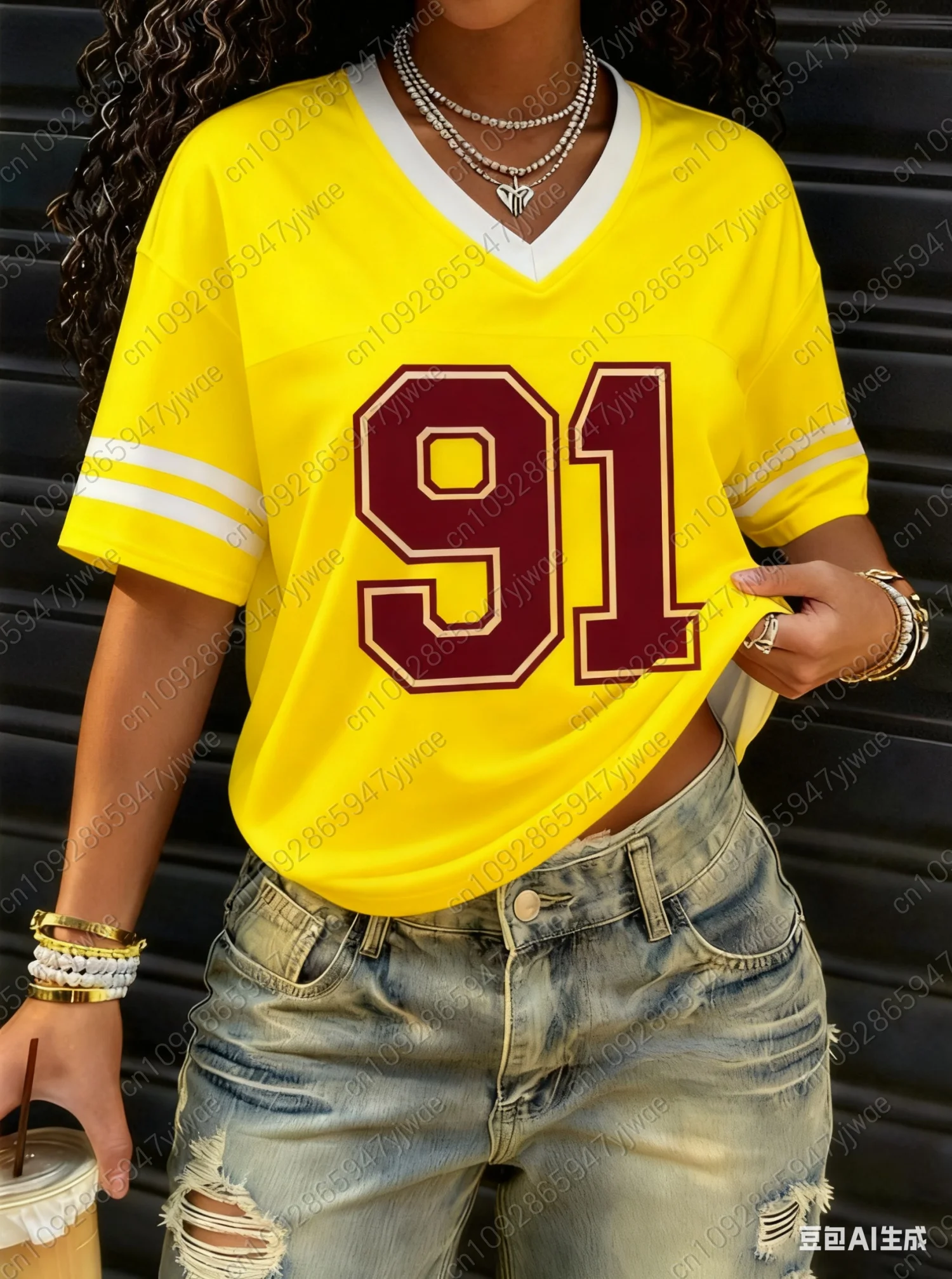 2025 American style Women BUMBER 91 Print Lightweight Breathable V-Neck Short Sleeved baseball T-Shirt Women Jersey T-Shirt 3