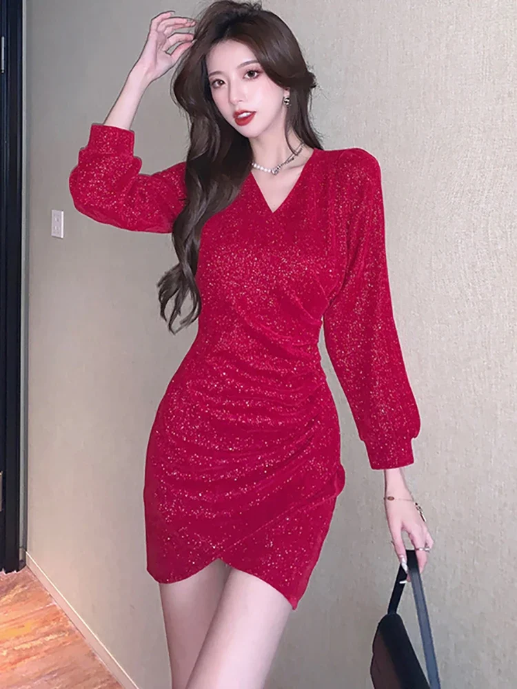 

Red Bright Silk Chenille Elegant and Pretty Women's Dress Autumn Winter Luxury Party Evening Dress 2024 Korean Bodycon Vestidos