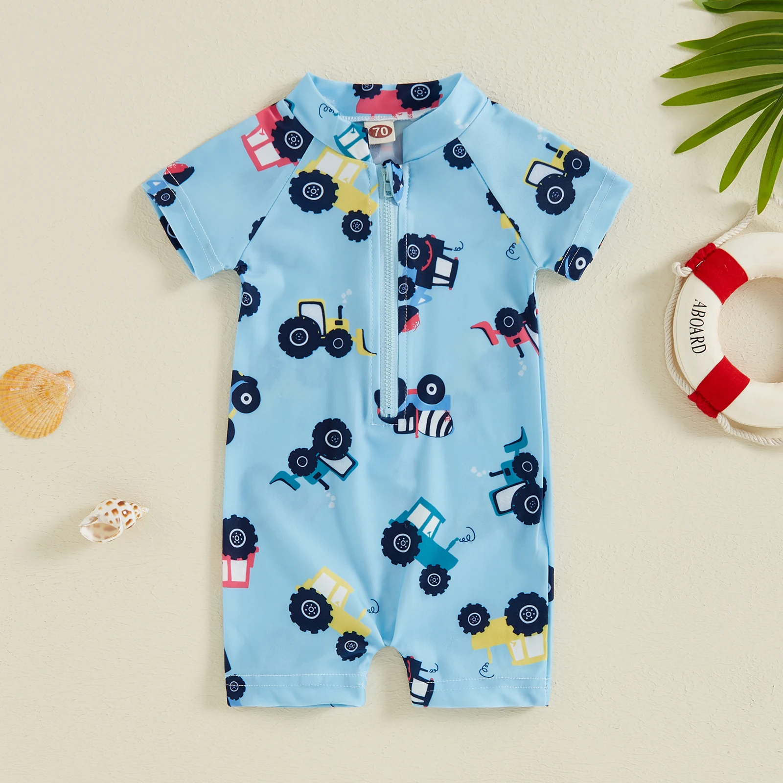 Summer Toddler Baby Boys Zip Up Rash Guard Tractor Fish Print Short Sleeve Swimwear Children Beachwear Bathing Suit Swimsuit