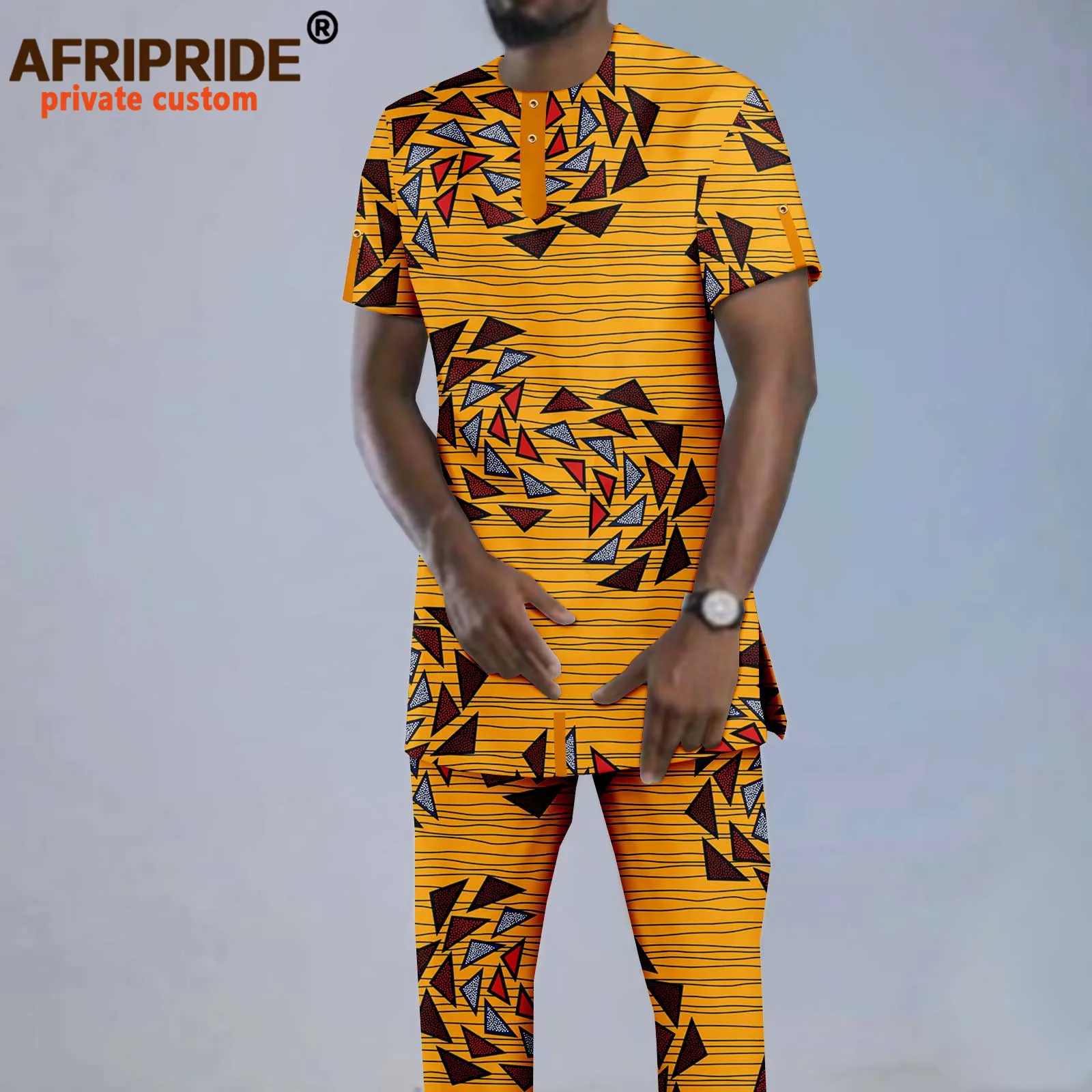 African Clothes for Men Short Sleeve Print Shirts and Pants 2 Piece Set Tracksuit Blouse Dashiki Outfits Plus Size A2216001