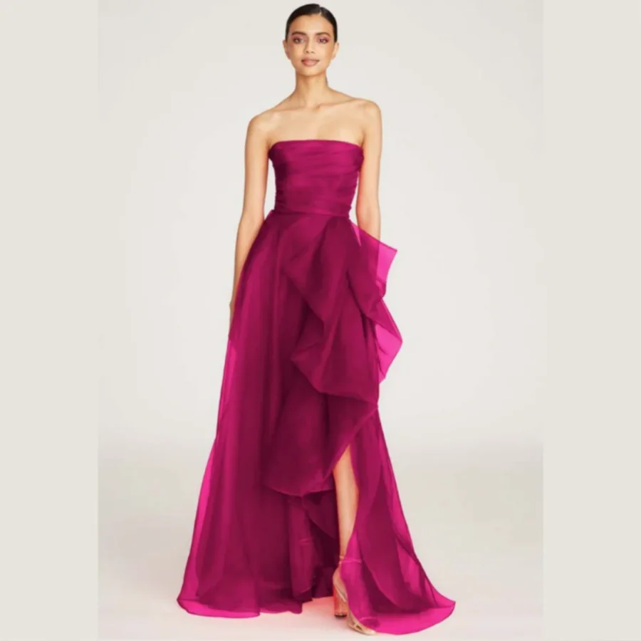 

OUSIRUI High-Low Strapless Tulle Vestidos De Festa Red Off Shoulder A-line Prom Dress Sexy Side High Split فستان حفلات الزفاف