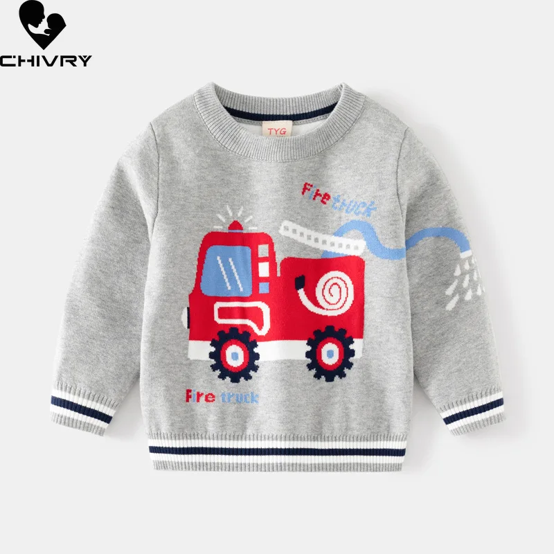 

Baby Boys Autumn Winter Pullover Sweater New 2023 Kids Cartoon Fire Engine Jacquard Round Neck Knitted Sweaters Tops Clothing