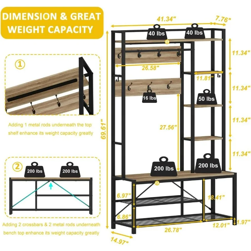 Mudroom Bench with Shoe Storage, Large Coat Rack Shoe Bench with 5 Tier Shelves, Adjustable Side Hooks and Hanging Rod for Foyer