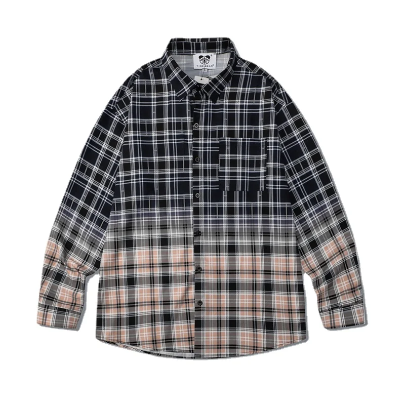 ICCLEK 2021  New Men's Casual Shirt Gradient Plaid Shirt Retro Digital Printed Shirt Loose Lapel Long Sleeve Shirt Men Shirts