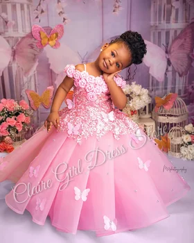 Customized Pink Flower Girl Dresses For Wedding Appliques Butterflies Pearls Cute Kids Birthday Party First Communion Gown 1