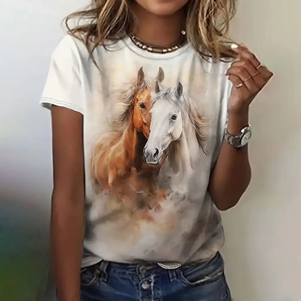 

Horse Print T-Shirt Short Sleeve Crew Neck Casual Top For Summer &Spring Women's Clothing