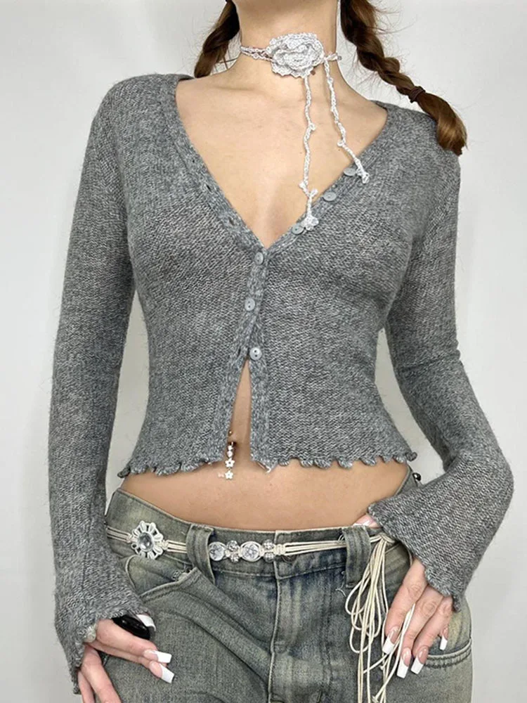 

Apprabant Knitted Cardigan Single Breasted Deep V-neck Long Sleeve Top For Women Autumn Fashion Simple Casual Woolen T-shirt