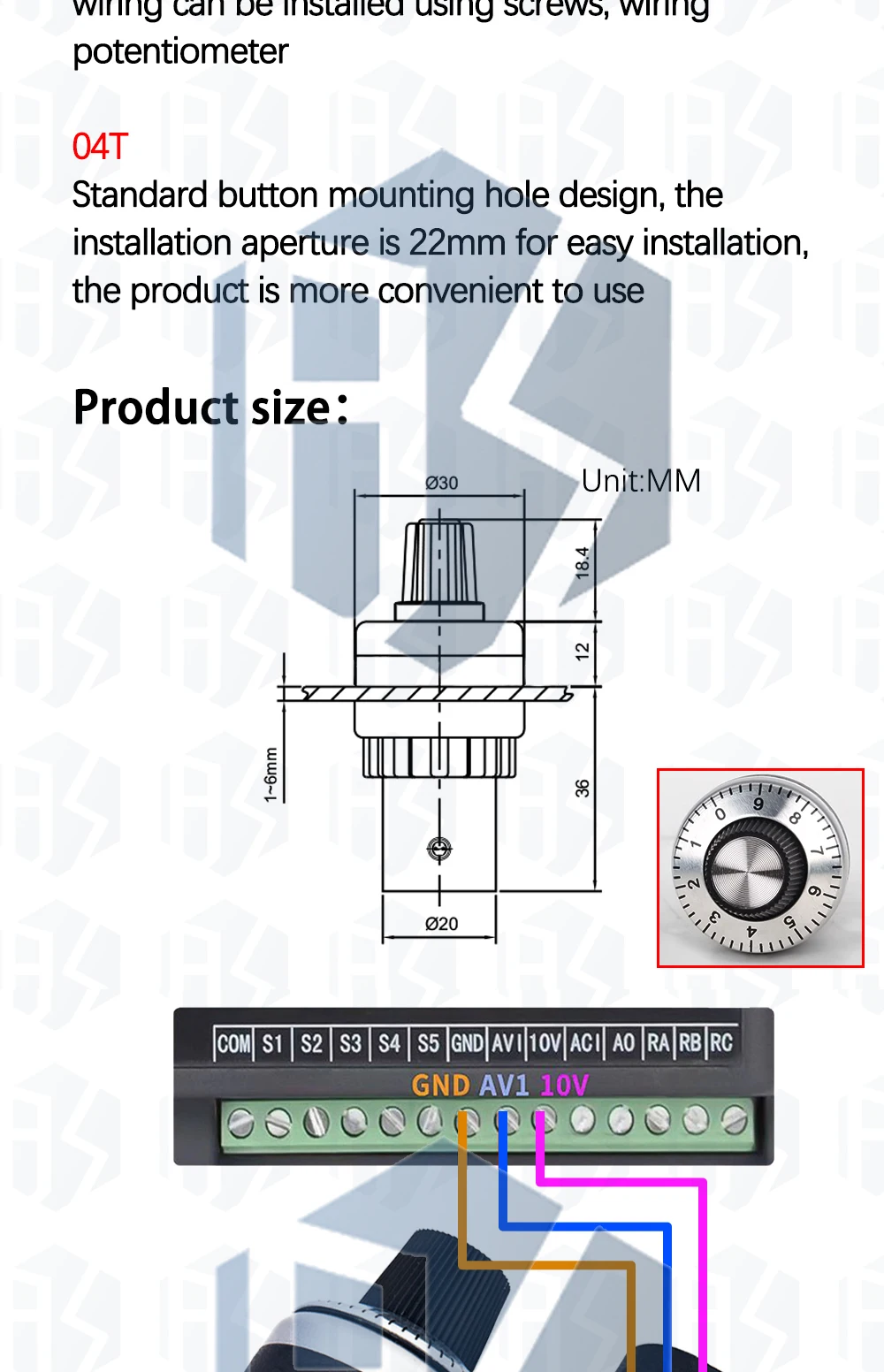 LA42DWQ-22-PRO 1K 2K 5K 10K 20k 50k 500k 22mm Durchmesser Töpfe Drehpotentiometer Konverter Gouverneur Inverter Widerstandsschalter – Detail 3
