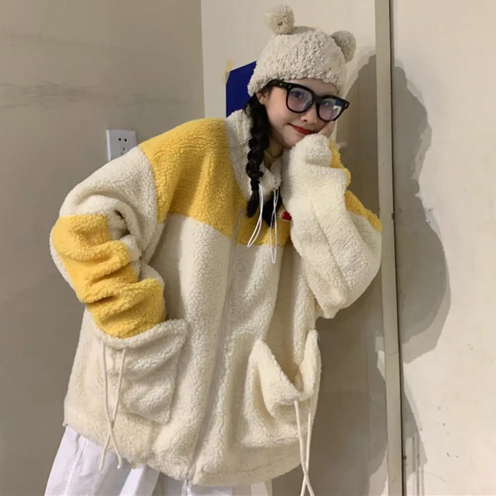 

Плотное плюшевое Женское пальто, Стильное женское зимнее пальто, теплое плюшевое пальто с цветными блоками и функциональными карманами для улицы