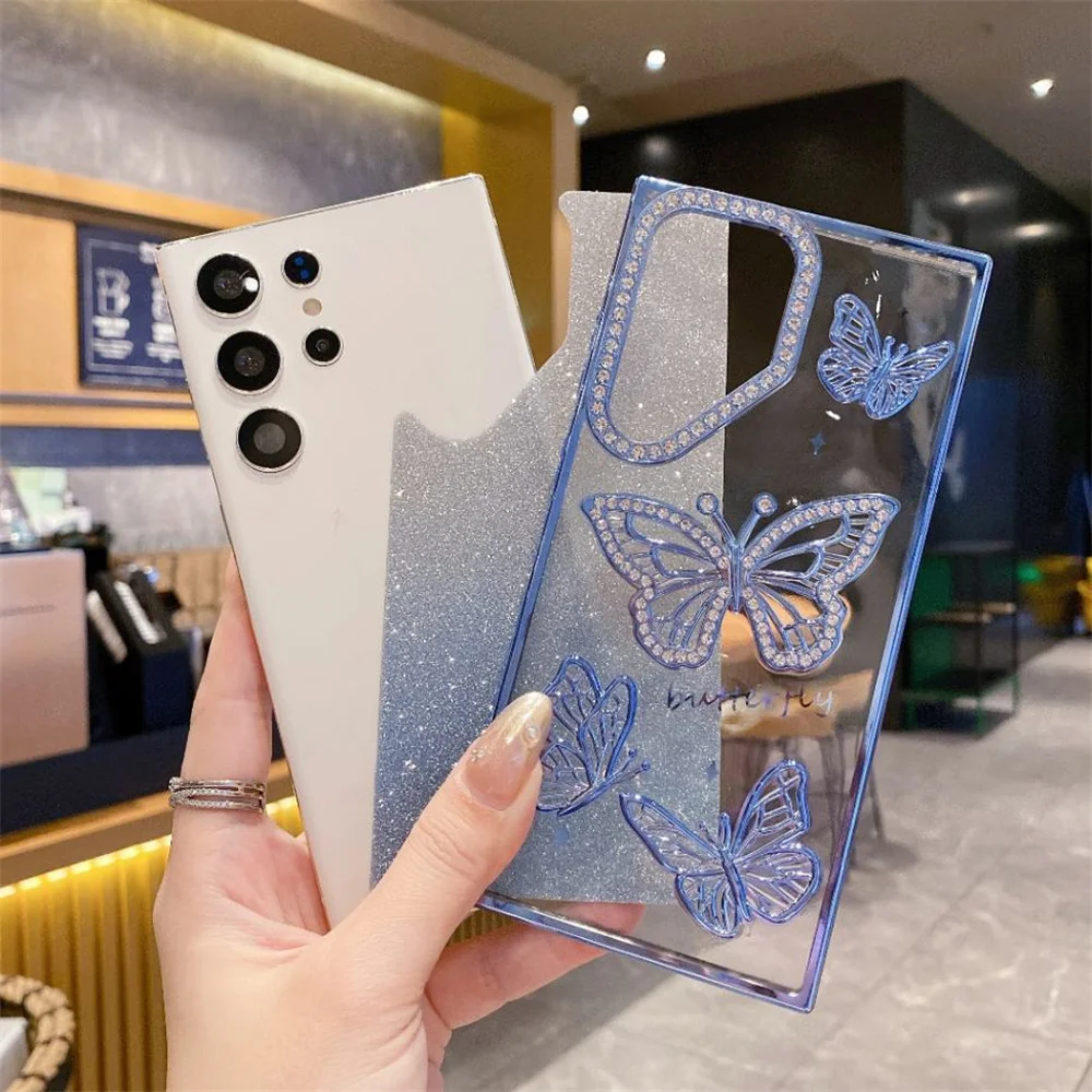 Cute Cartoon 3D Butterfly Diamond Glitter Gradient Phone Case with Plating Trim