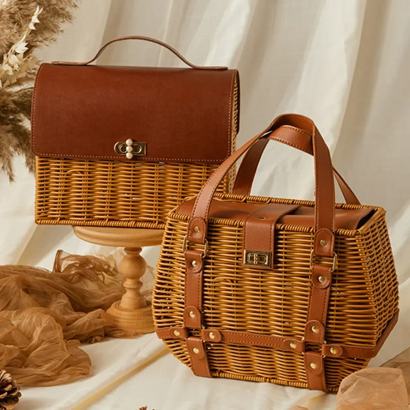 Rattan Woven Handbag with Storage Box Forest Department Pastoral Beach Holiday Wind Female Bag INS Wind Handbag 3