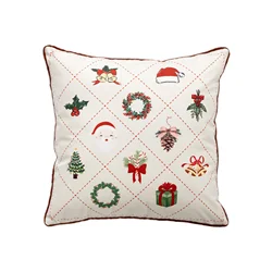 Festive White Embroidered Holiday Pillow Cover with Santa, Tree, and Nutcracker Design (A)