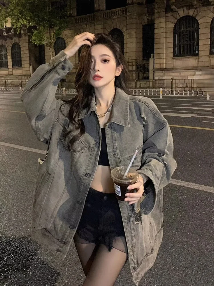 여성용 가을 재킷, 빈티지 스트리트웨어, 레이디 의류, 외투, 캐주얼 오버사이즈 턴 다운 칼라, 싱글 브레스트 재킷