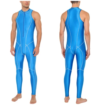 Men Glossy Jumpsuit Swimwear Rash Guard Wetsuit Sleeveless Zipper Unitard for Beach Surfing Bathing Suit Sports Workout Clubwear 1