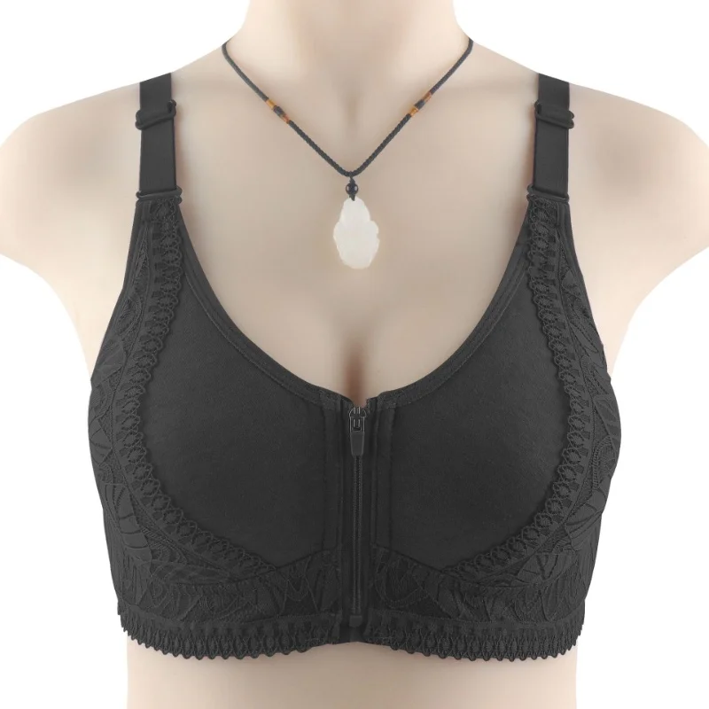 Bras For Women Soft Cup Front Zipper Middle Aged And Elderly Underwear  Ladies No Steel Ring Vest Lace Underwear Large Size Bra