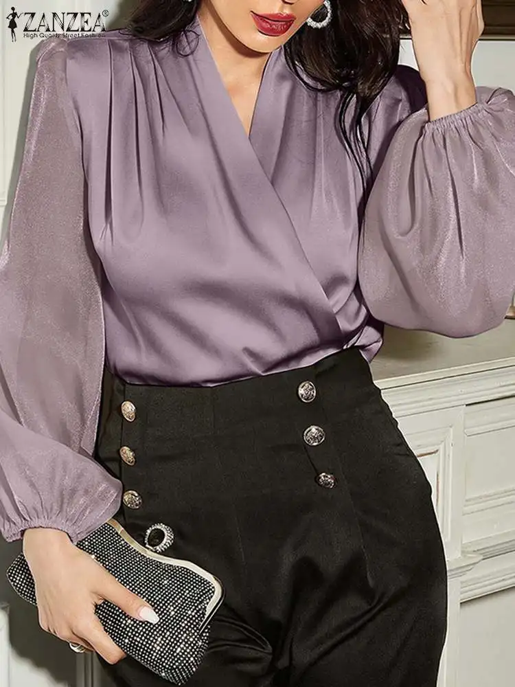 

Женская шифоновая блузка ZANZEA, сетчатые рубашки, модные атласные строченные Осенние Топы с длинным рукавом и V-образным вырезом, элегантная офисная пикантная туника, 2023