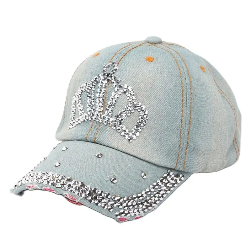 Women Bling Tiara Distressed Denim Baseball Cap Rhinestones Embellished Washed Retro Style Adjustable Hat 6