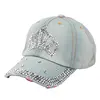 Women Bling Tiara Distressed Denim Baseball Cap Rhinestones Embellished Washed Retro Style Adjustable Hat 6