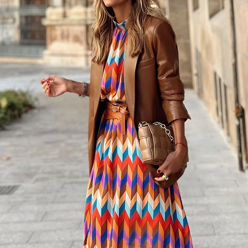 2022 New High Quality Spring High Neck 3/4 Sleeves Vintage Print Long Dress Women Fashion Dresses Bohemian Pattern Vestidos Robe purple dress Dresses