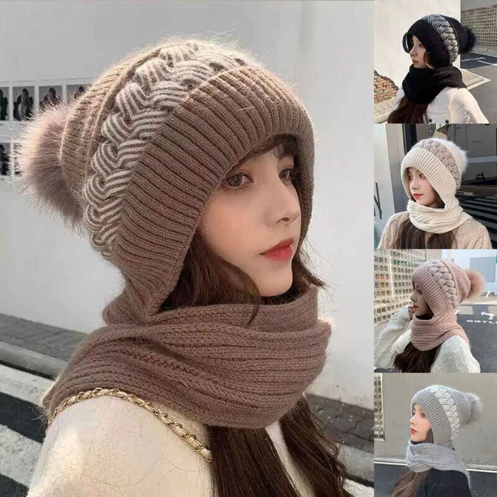 

Knitted Integrated Cap Scarf Winter Windproof Warm Beanie Hat Scarf Soft Thickening Ear Protection Cap Women