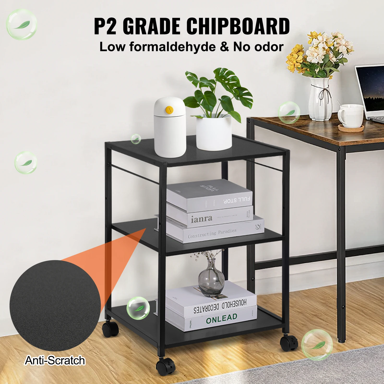 VEVOR 3 Tiers Printer Stand 420 x 350 x 600 mm Rolling Cart with Lockable Casters Waterproof & Sturdy Storage Stand for Office display stand