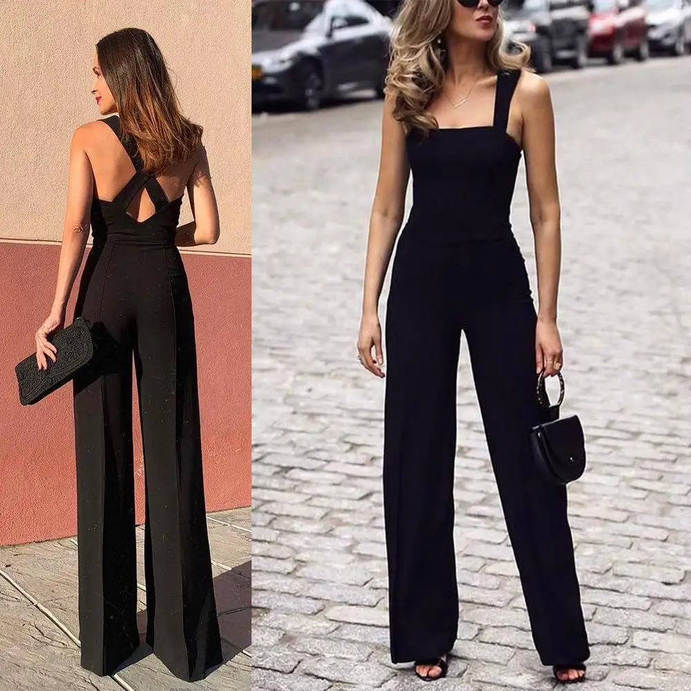 

Joker Fashion Daily Temperament Spring And Summer New Jumpsuit Wide-leg Pants Straight Waist Backless Black Pants Thin.