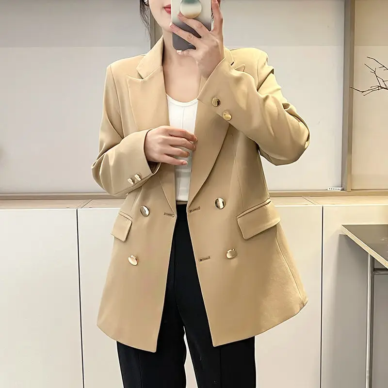 Women Korean Fashion Elegant Solid Slim Double Breasted Blazer Spring Autumn Office Lady Business Casual Long Sleeve Suit Jacket