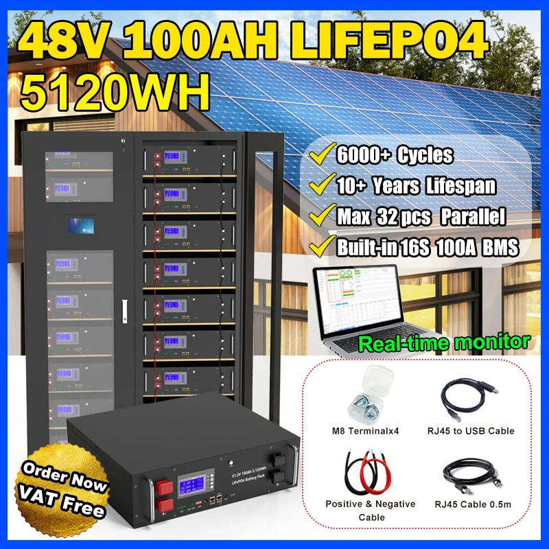 

LiFePO4 48V 100Ah 200Ah 300Ah Battery Pack 16S 51.2V 5KWh Built-in BMS Lithium Iron Phosphate Battery for Energy Storage UPS