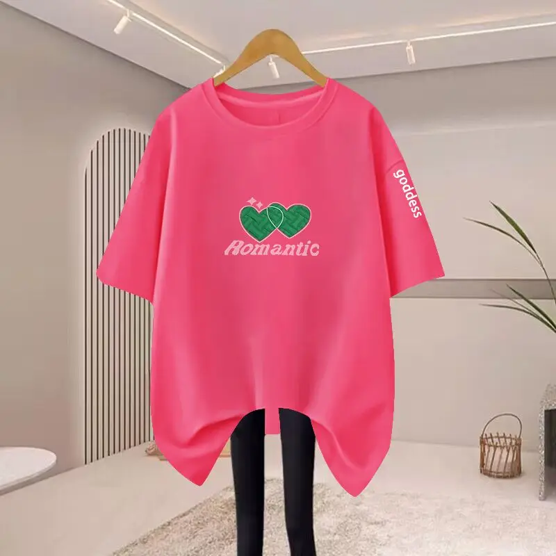 여성용 루즈 슬리밍 순면 티셔츠, 미니멀리스트 러브 반팔 티, 라운드넥 기본 다용도 상의, 2024 여름