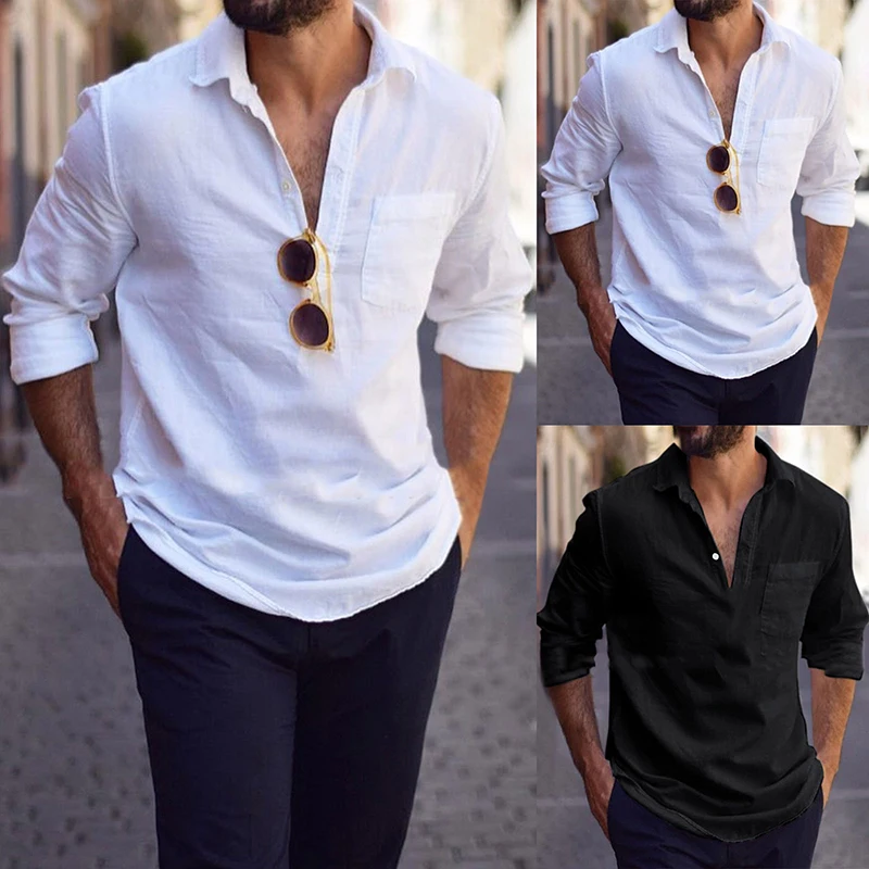 

Spring Men's Solid Color Lapel Collar Long Sleeve Shirt Simple Fashion V-neck Black White Pocket Tops Shirt For Man