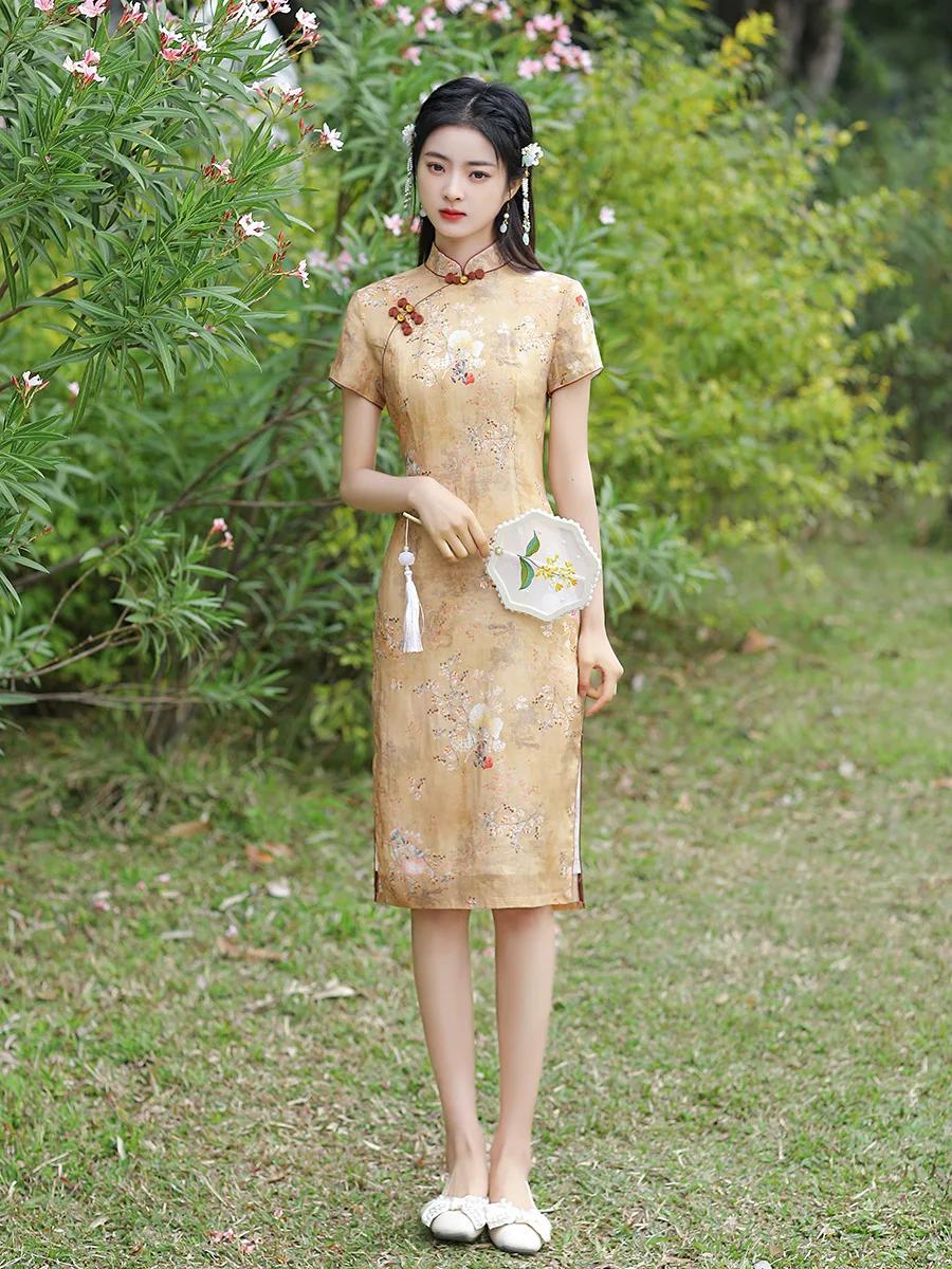 

Elegant Mandarin Collar Short Sleeve Printed Linen Cheongsam Women Sexy Chinese Traditional Handmade Buttons Qipao