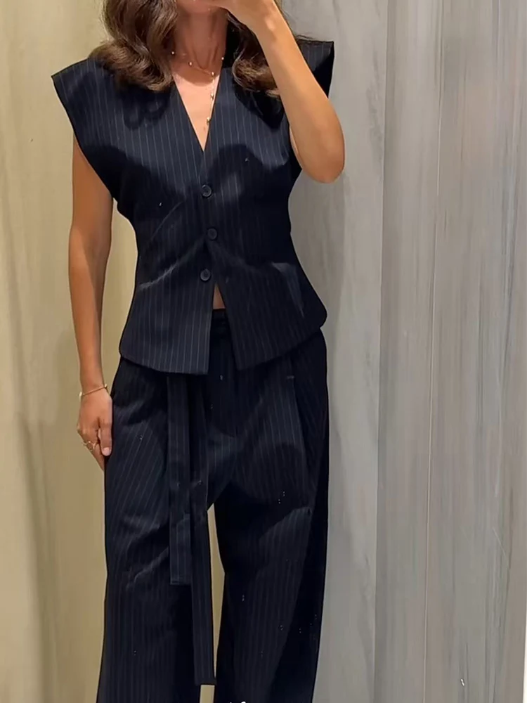 Elegant Chic Belt Pant Set With Women V-Neck Slim Sleeveless Vest Straight Pants 2025 Autumn Fashion Leisure Commute Lady Set