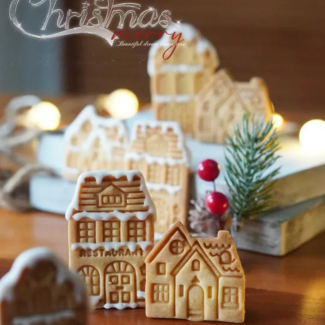 4Pcs Christmas Gingerbread House Pattern Cookie cutter Biscuit Stamp Fondant Cake Decoration Baking Accessories