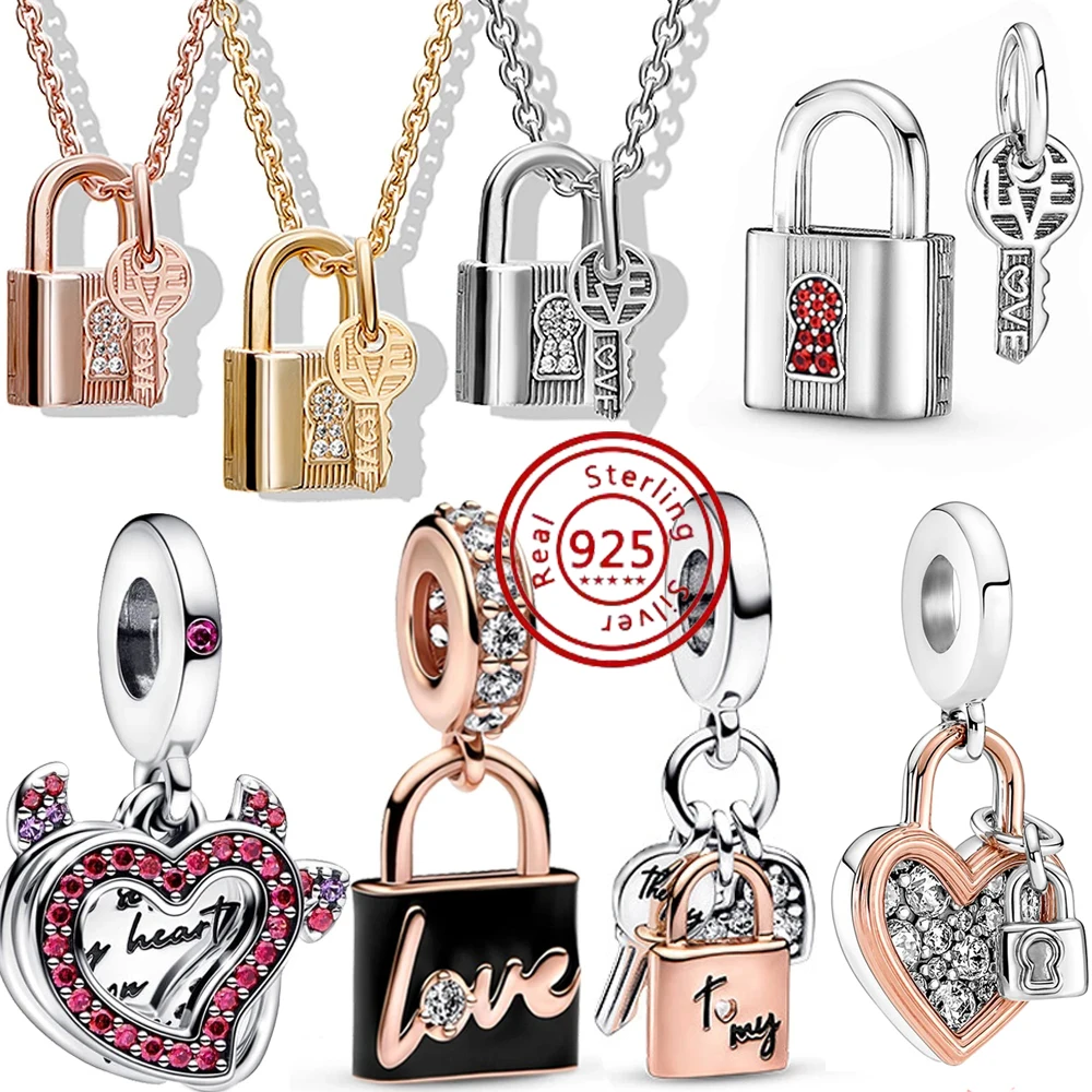 

2023 New Colorful Padlock & Key Charm Love Dangle Fit Original Pandora Bracelet 925 Sterling Silver Girl Jewelry Festival Gift