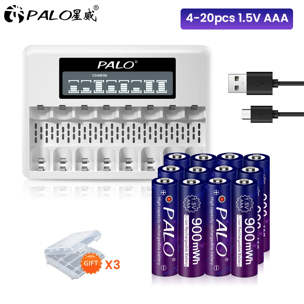 

1.5v AAA Lithium Rechargeable Battery 900mWh 1.5v AAA Li-ion Rechargeable Batteries AAA Battery with 8 Slots Battery Charger